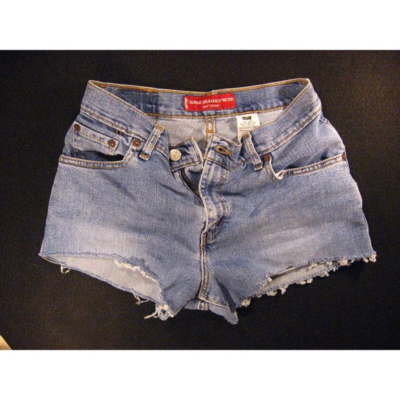 LEVIS Zipper 550 CUTOFF JEAN SHORTS 27 RELAXED Juniors Red Tab STRETCH Blue - Picture 1 of 11